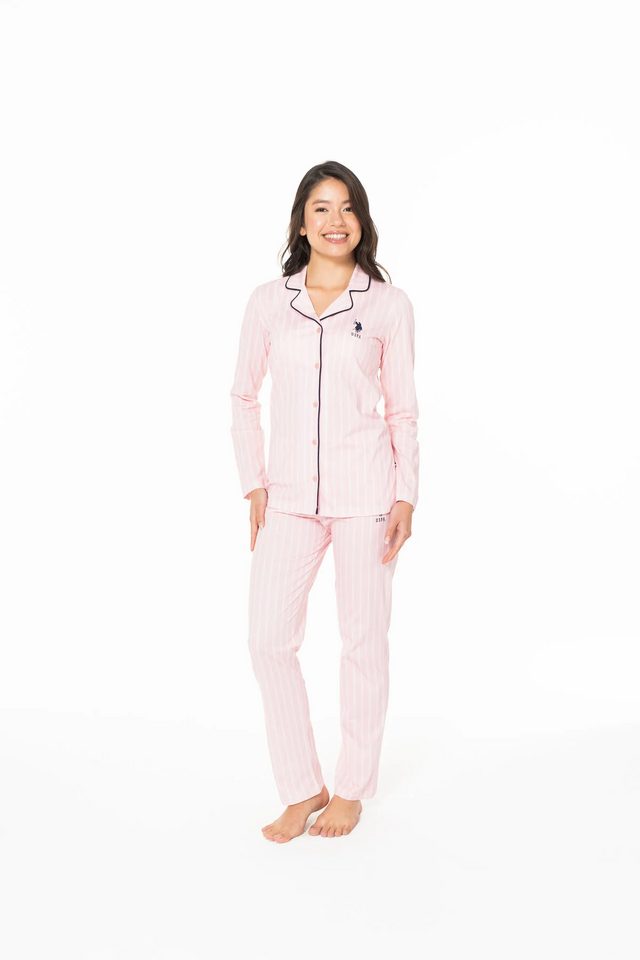 Pembe Pamuk Çizgili Düğmeli Kadın Pijama Takımı U.S. Polo Assn.