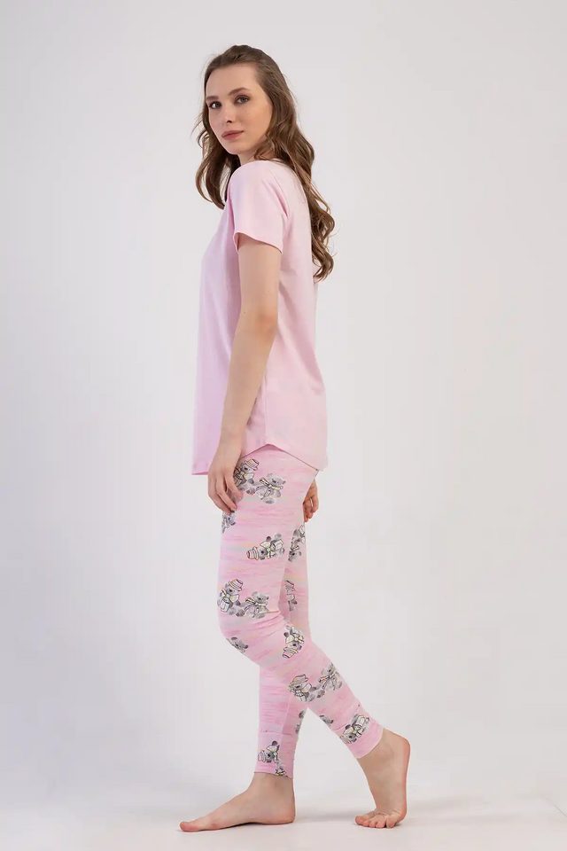 Kadın Pembe Likralı Süprem Ayıcık Desenli Kısa Kollu Tayt Takım