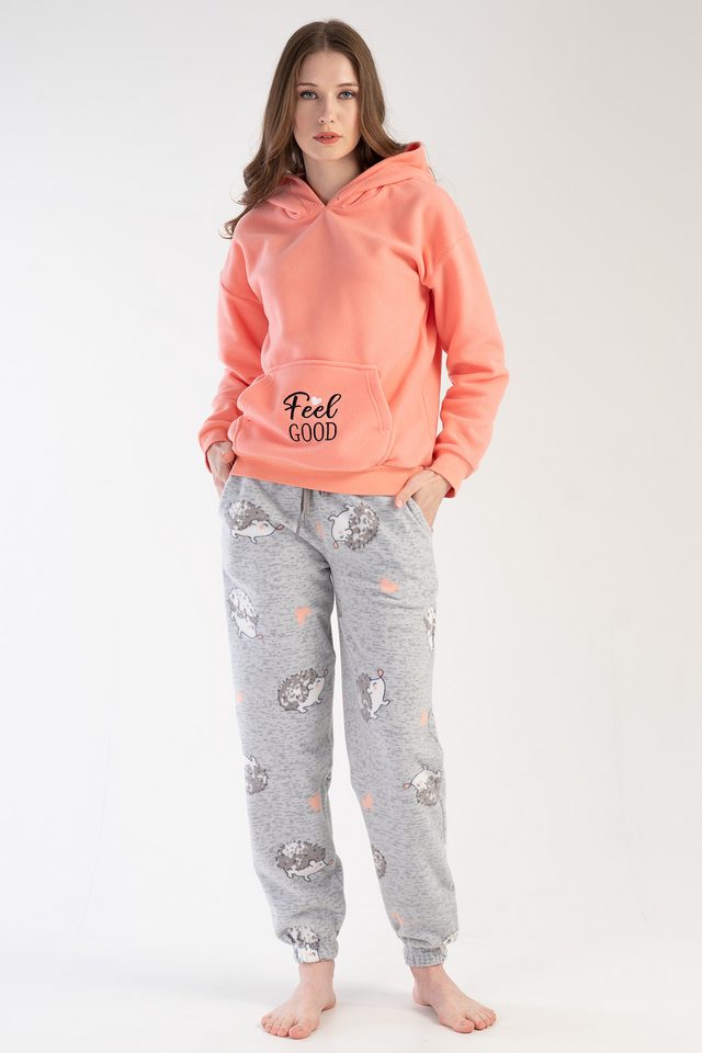 Kadın Polar Kapşonlu Uzun Kol Kanguru Cepli Paçası Büzgülü Kirpili Pijama Takım 
