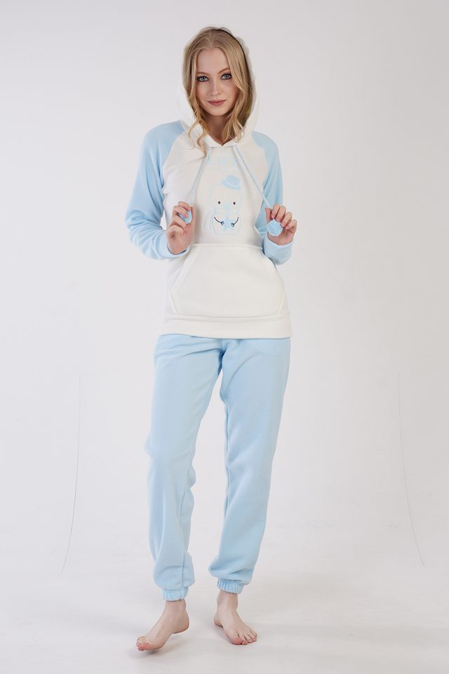 Kadın Polar Kapşonlu Uzun Kol Kanguru Cepli Paçası Büzgülü Pijama Takım