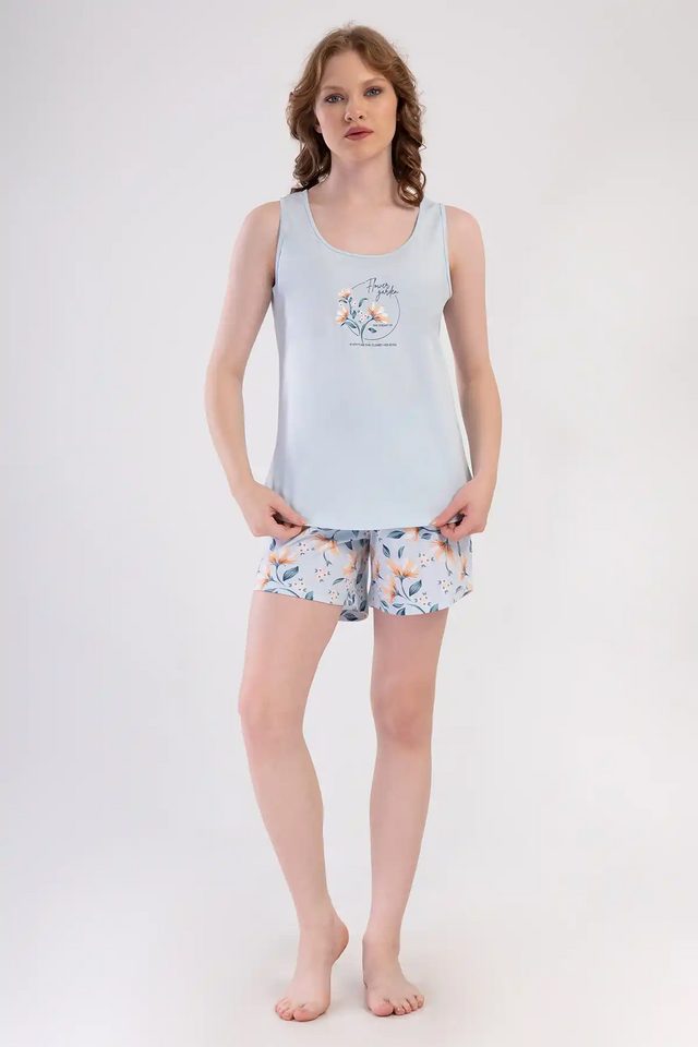 Kadın Süprem Açık Mavi Çiçek Desenli Kalın Askılı Şortlu Pijama Takım
