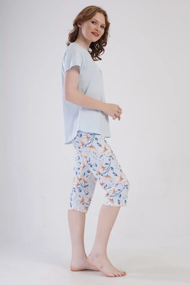 Kadın Süprem Açık Mavi Çiçek Desenli Kapri Pijama Takım