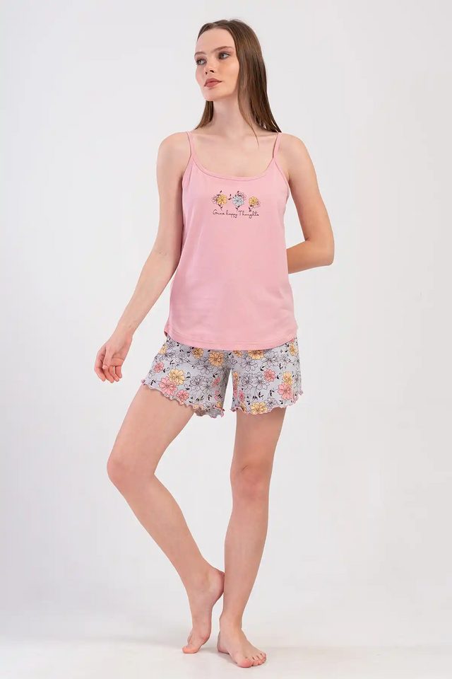 Kadın Süprem Askılı Pembe Gri Çiçek Desenli Şortlu Pijama Takım