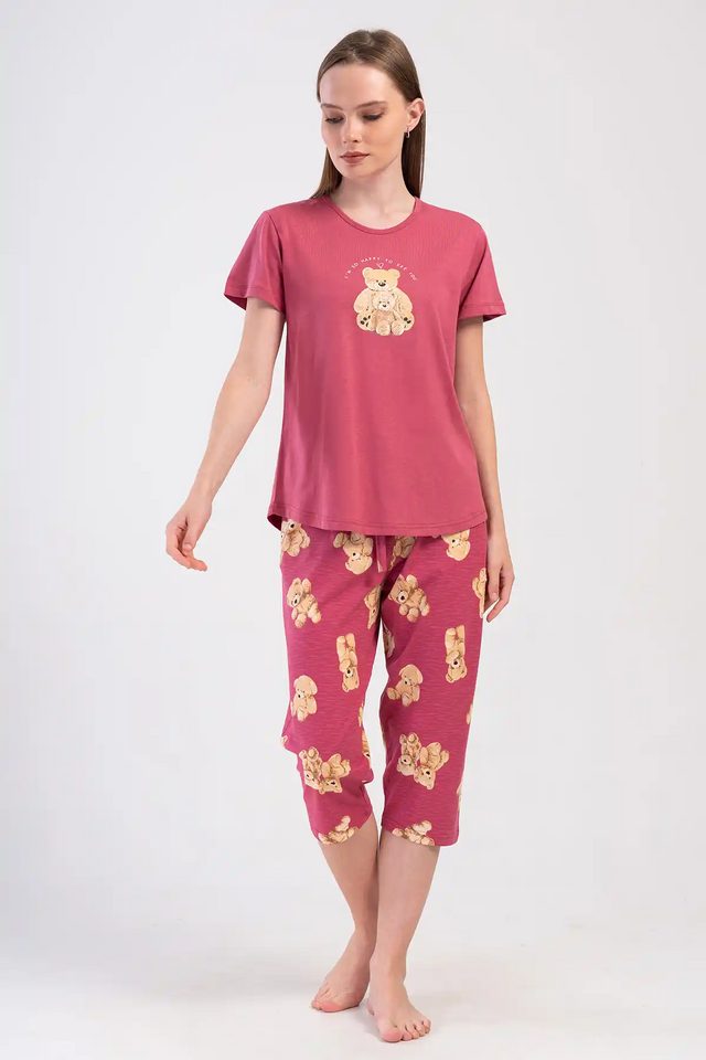Kadın Süprem Bordo Ayıcık Desenli Kısa Kollu Kapri Pijama Takım