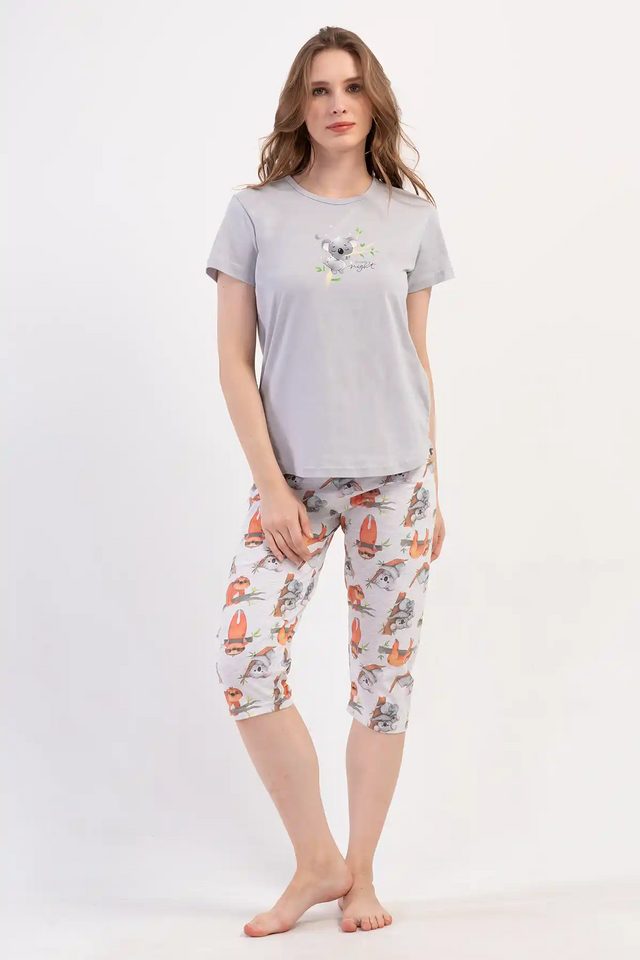Kadın Süprem Gri Hayvan Desenli Kısa Kollu Kapri Pijama Takım