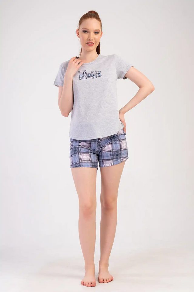 Kadın Süprem Gri Kısa Kollu Mavi Ekose Şortlu Pijama Takım
