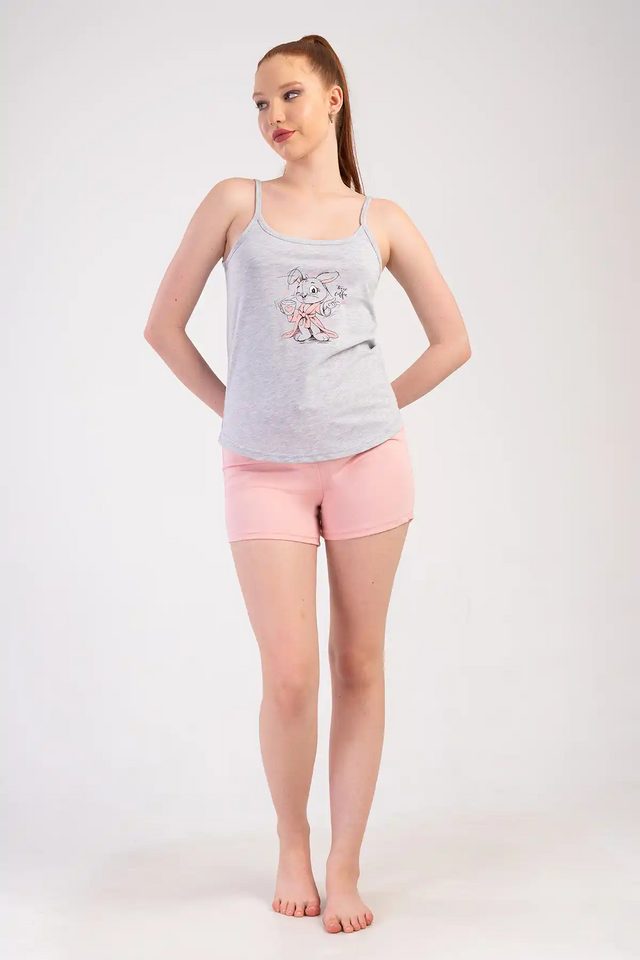 Kadın Süprem Gri Pembe İnce Askılı Şortlu Pijama Takım