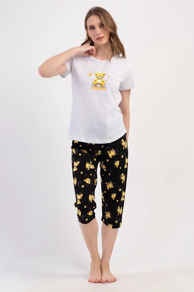 Kadın Süprem Gri Siyah Ayıcık Desenli Kapri Pijama Takım