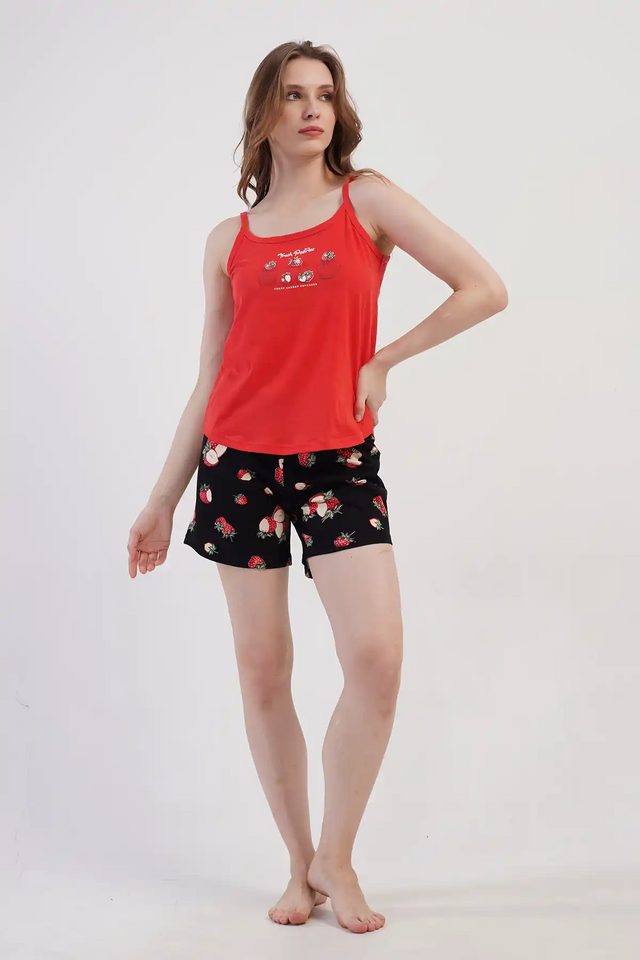 Kadın Süprem Kırmızı Siyah Meyve Desenli Askılı Şortlu Pijama Takım