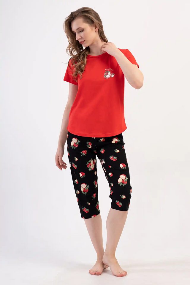 Kadın Süprem Kırmızı Siyah Meyve Desenli Kapri Pijama Takım