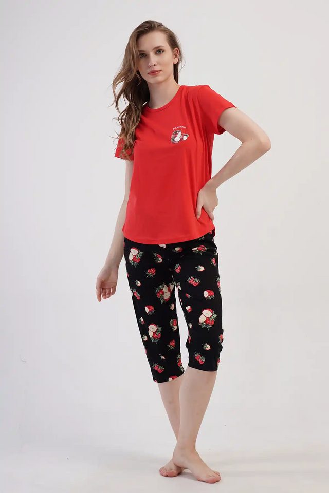 Kadın Süprem Kırmızı Siyah Meyve Desenli Kapri Pijama Takım