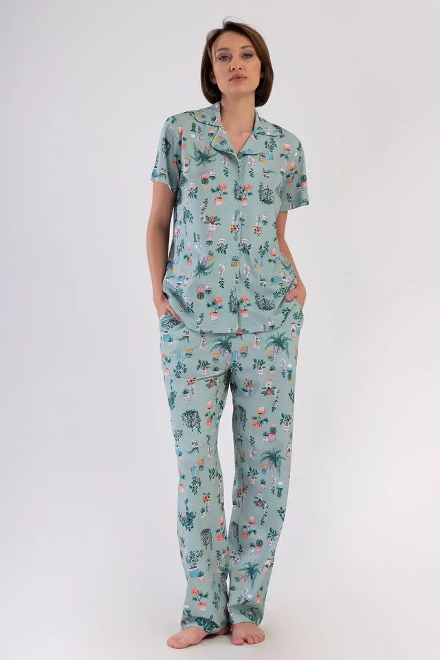 Kadın Süprem Mint Yeşili Gömlek Yaka Düğmeli Kısa Kollu Cepli Pijama Takımı