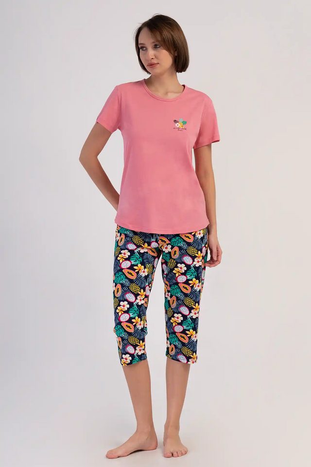 Kadın Süprem Pembe Desenli Kısa Kollu Kapri Pijama Takımı