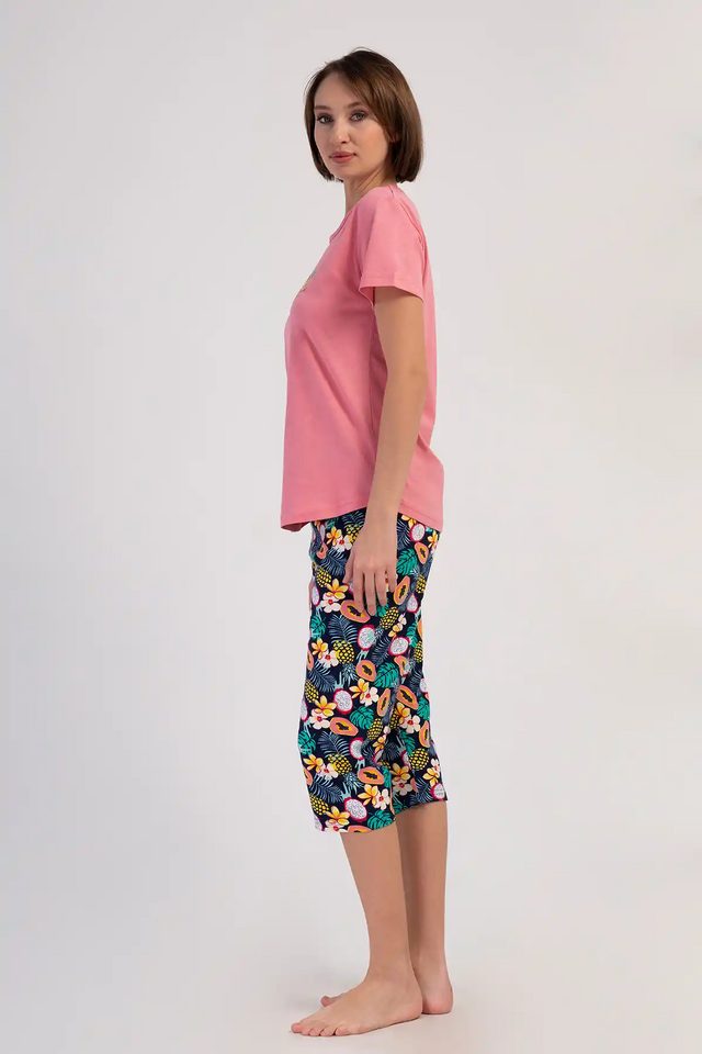 Kadın Süprem Pembe Desenli Kısa Kollu Kapri Pijama Takımı