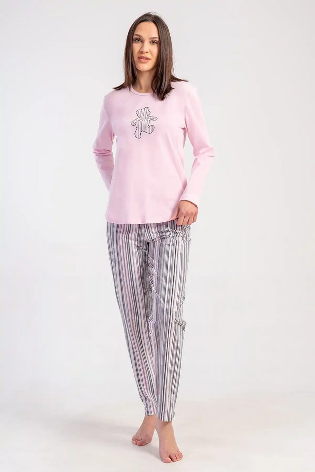 Kadın Süprem Pembe Gri Desenli Çizgili Uzun Kollu Pijama Takım
