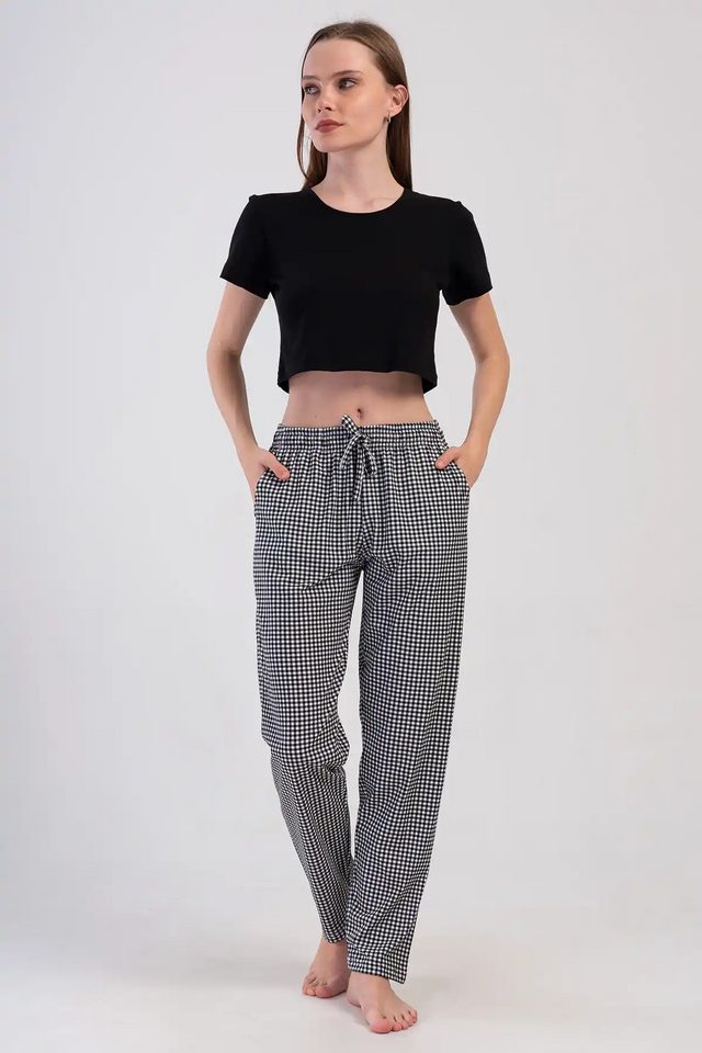 Kadın Süprem Siyah Ekoseli Cepli Pijama Altı