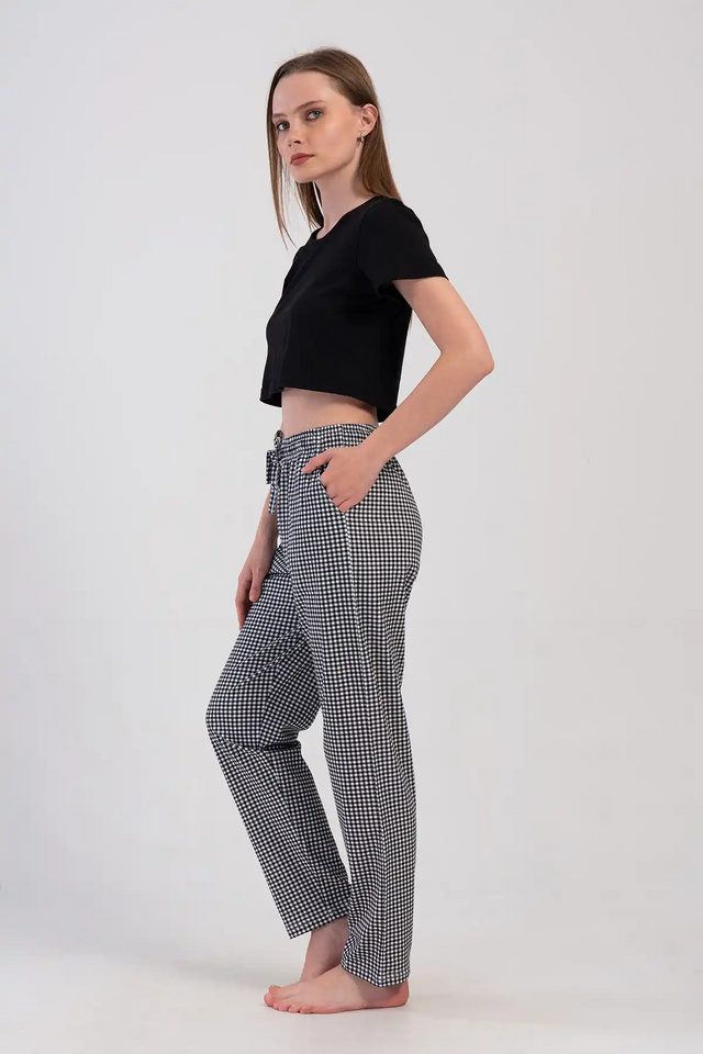 Kadın Süprem Siyah Ekoseli Cepli Pijama Altı