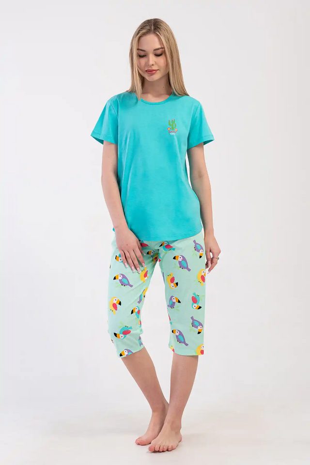 Kadın Süprem Turkuaz Kısa Kollu Kapri Pijama Takım