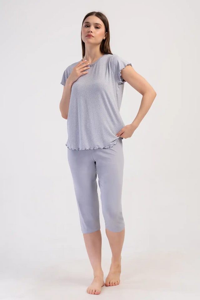 Kadın Viskon Füme Kısa Kollu Kapri Pijama Takım
