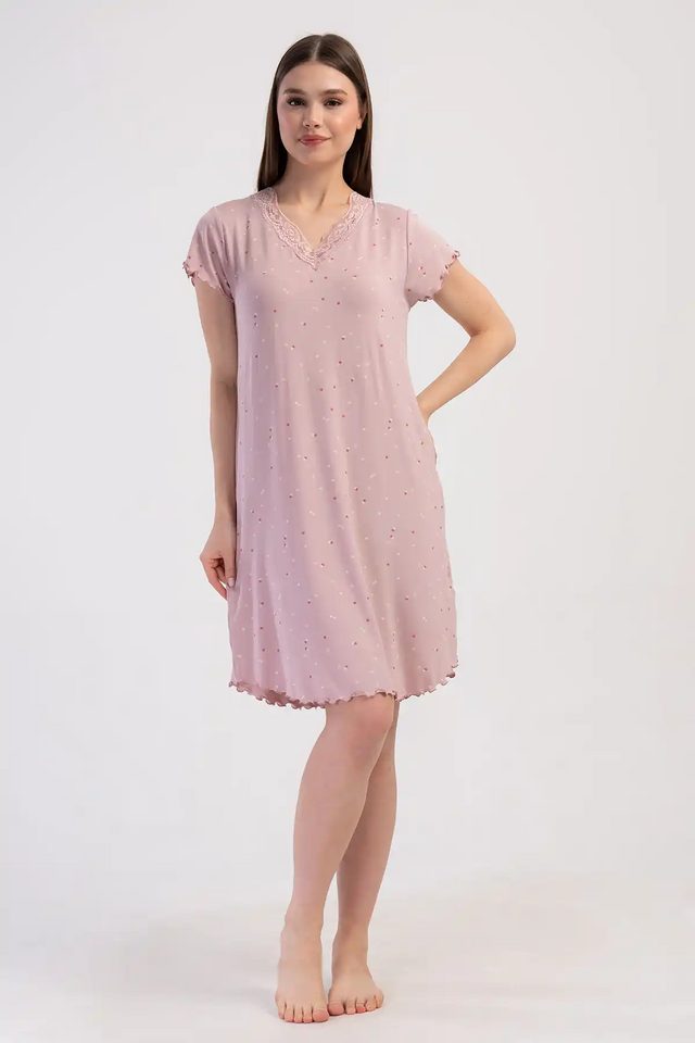 Kadın Viskon Pembe Dantel Detaylı V Yaka Kısa Kollu Gecelik Tunik