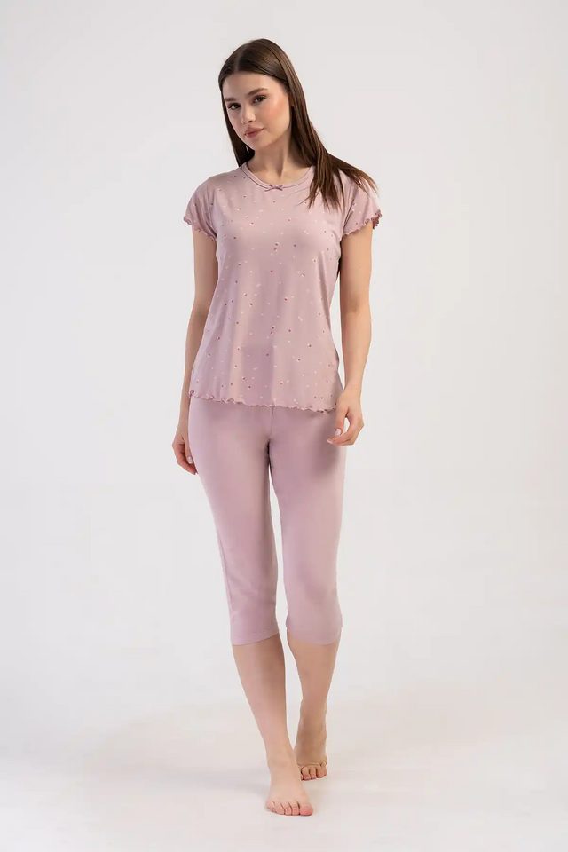 Kadın Viskon Pembe V Yaka Desenli Kapri Pijama Takım