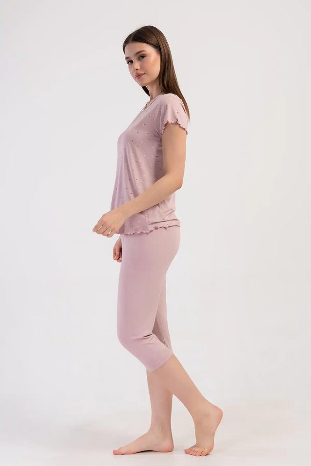 Kadın Viskon Pembe V Yaka Desenli Kapri Pijama Takım