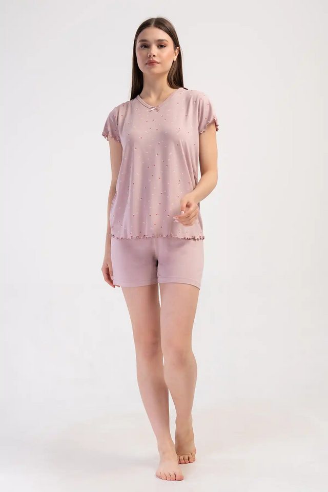 Kadın Viskon Pembe V Yaka Desenli Şortlu Pijama Takım