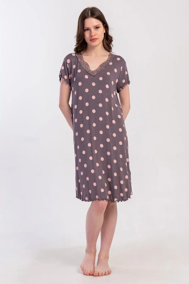 Kadın Viskon V Yaka Dantel Detaylı Puantiyeli Füme Tunik Pijama