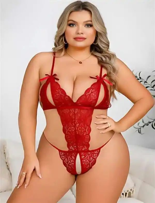 Kırmızı Dantel İnce Askılı Kurdele Detaylı Dekolteli Kadın Fantezi Body