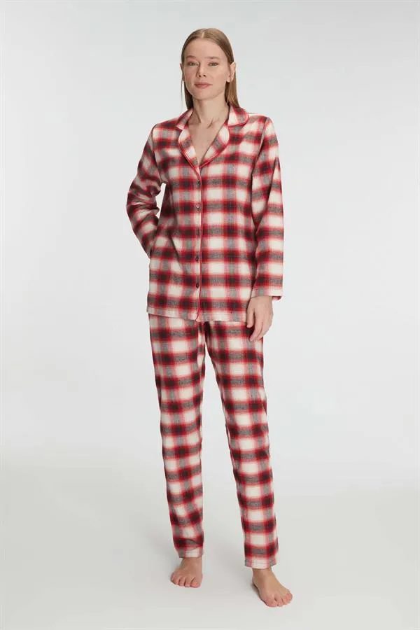 Kırmızı Ekose Pamuklu Düğmeli Uzun Kollu Kadın Pijama Takımı