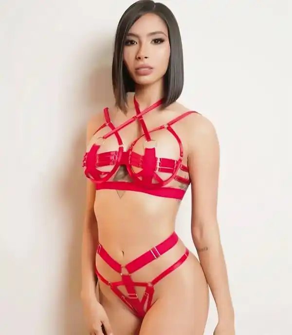 Kırmızı Sütyen Külotlu Kadın Fantezi Harness Takım