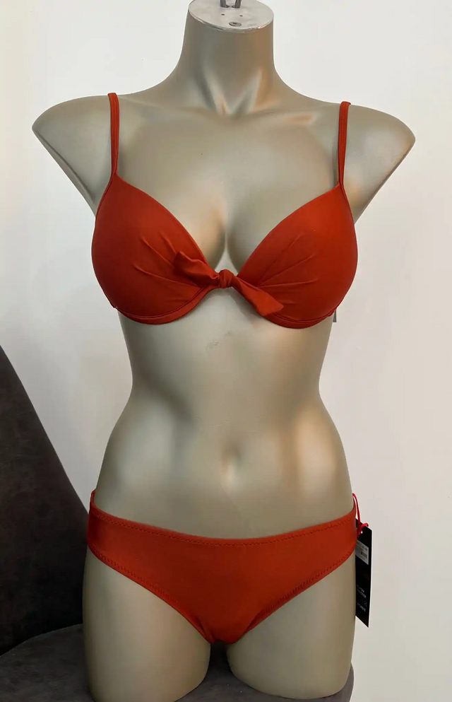 Kurdele Detaylı Kahverengi İnce Askılı Düz Bikini Takımı