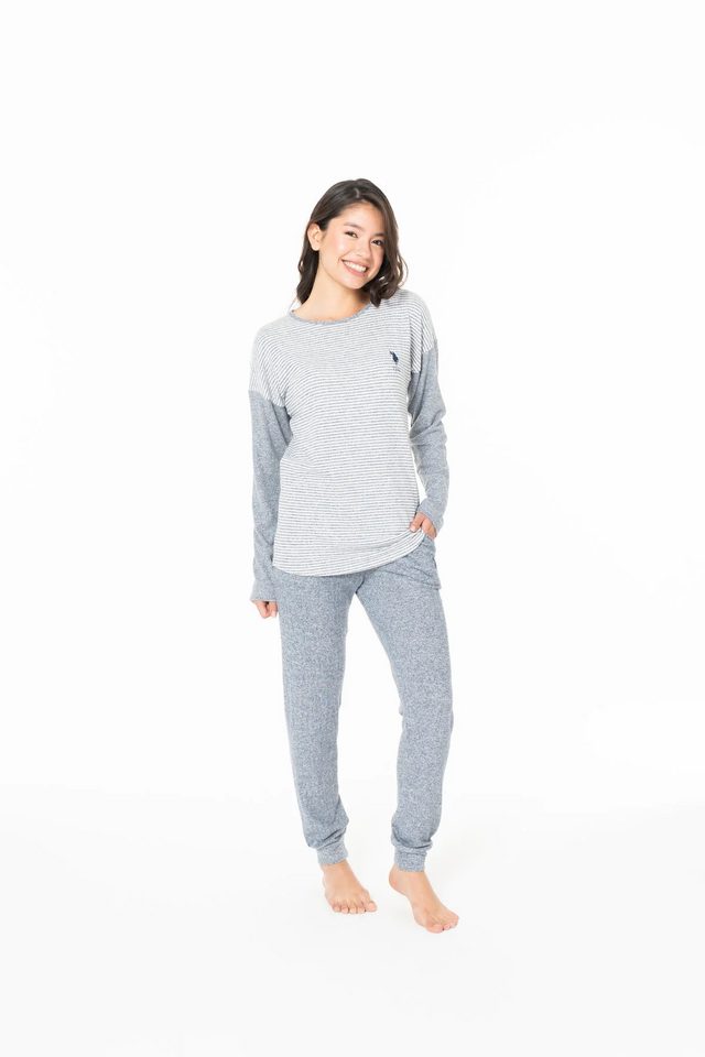 Lacivert Melanj Pamuklu Kadın Uzun Kollu Bisiklet Yaka Çizgili Pijama Takımı U.S. Polo Assn.