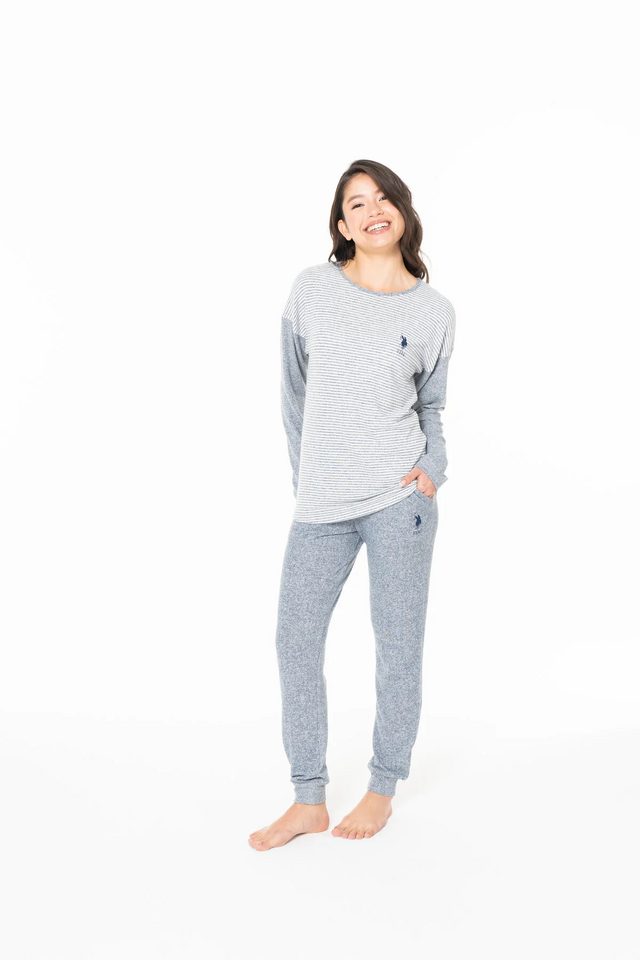 Lacivert Melanj Pamuklu Kadın Uzun Kollu Bisiklet Yaka Çizgili Pijama Takımı U.S. Polo Assn.