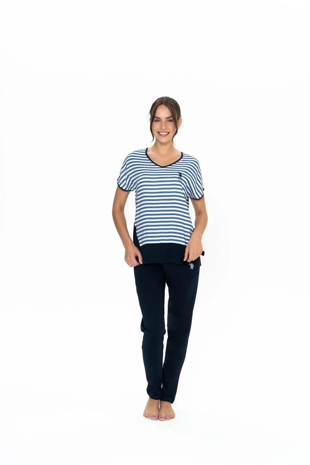Lacivert Pamuklu Çizgili V Yaka Kadın Kısa Kollu Pijama Takımı U.S. Polo Assn.