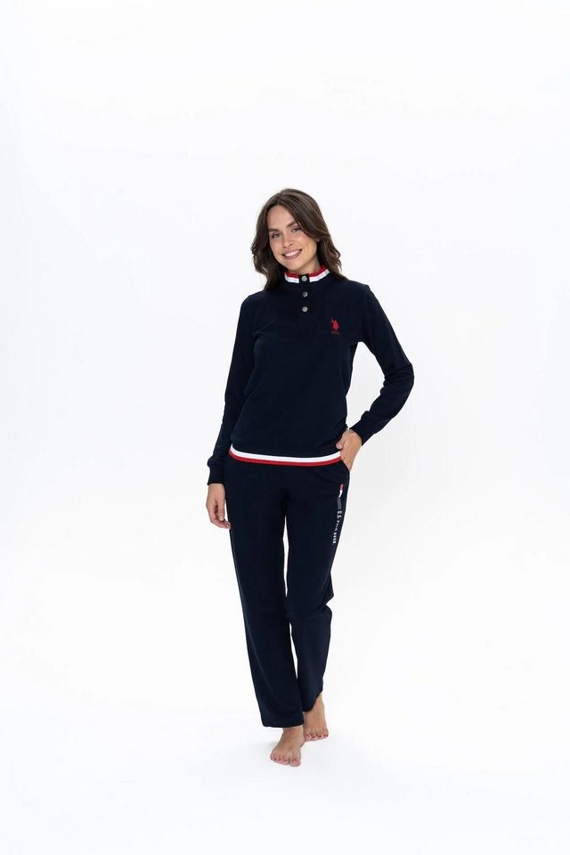 Lacivert Pamuklu Düğmeli Yaka Şerit Detaylı Kadın Uzun Kollu Pijama Takımı U.S. Polo Assn.