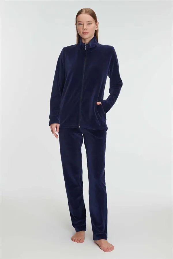 Lacivert Pamuklu Fermuarlı Sweatshirt Pantolon Pijama Takımı