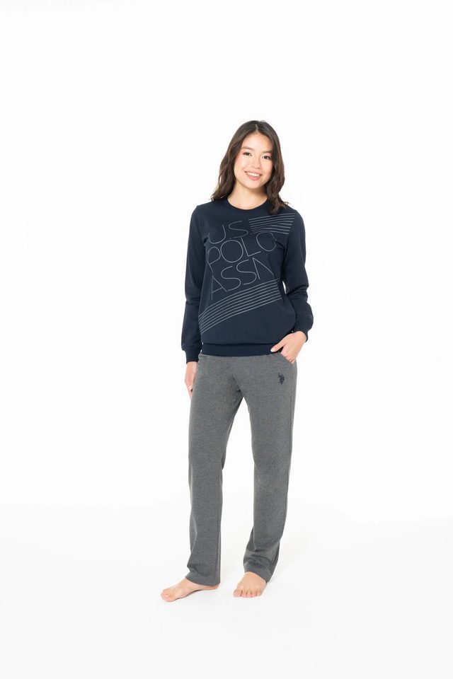 Lacivert Pamuklu Kadın Uzun Kollu Bisiklet Yaka Baskılı Ev Giyim Takımı U.S. Polo Assn.
