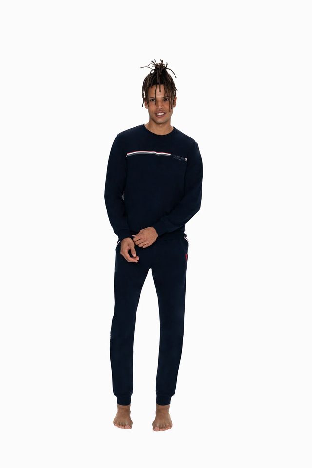 Lacivert Pamuklu Şerit Detaylı Bisiklet Yaka Erkek Pijama Takımı U.S. Polo Assn.