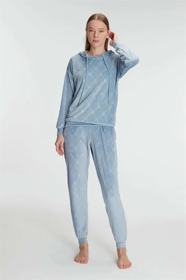 Mavi Kapüşonlu Uzun Kollu Kadın Pijama Takımı