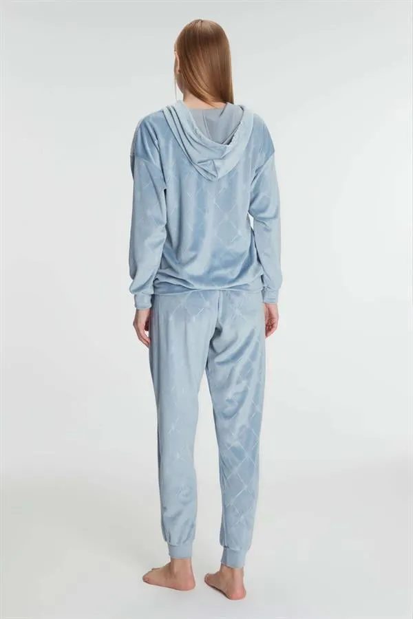 Mavi Kapüşonlu Uzun Kollu Kadın Pijama Takımı