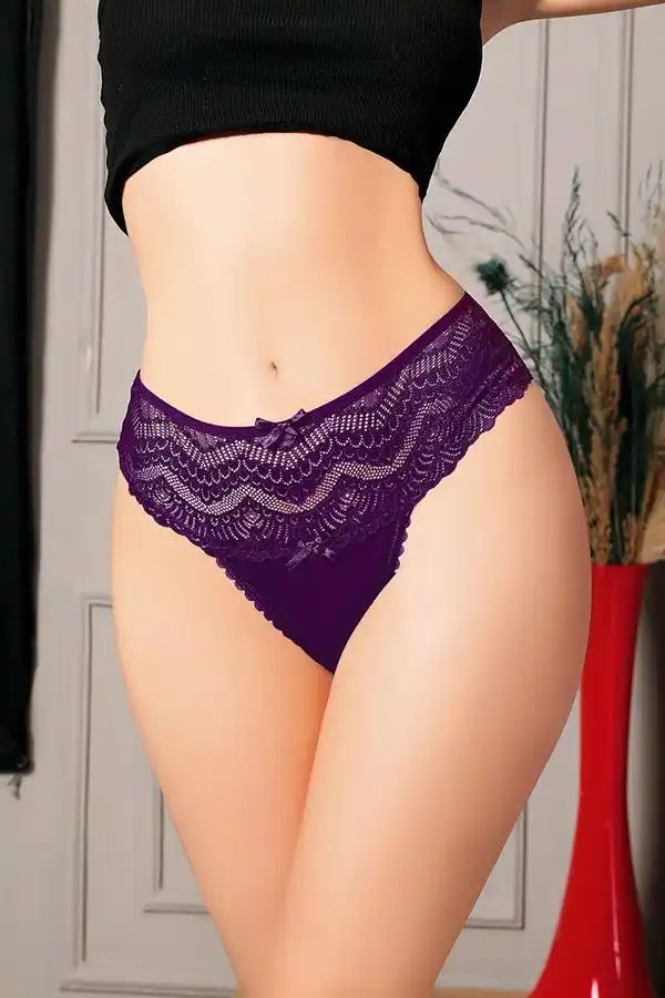 Mor Büyük Beden Bel Kısmı Dantelli Fantezi Tanga String