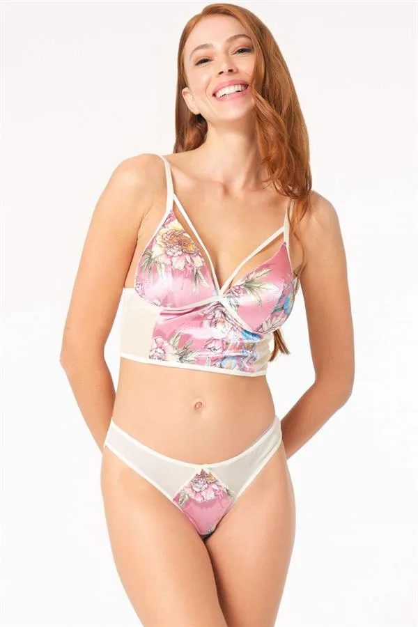 Pembe Kadife Çiçek Baskılı İp Askılı V Yakalı Balensiz Desteksiz Dolgusuz Kadın Bralet Sütyen Slip Takımı
