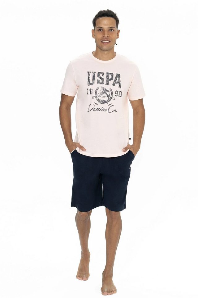 Pembe Pamuklu Baskılı Bisiklet Yaka Kısa Kollu Erkek Şortlu Pijama Takımı U.S. Polo Assn.