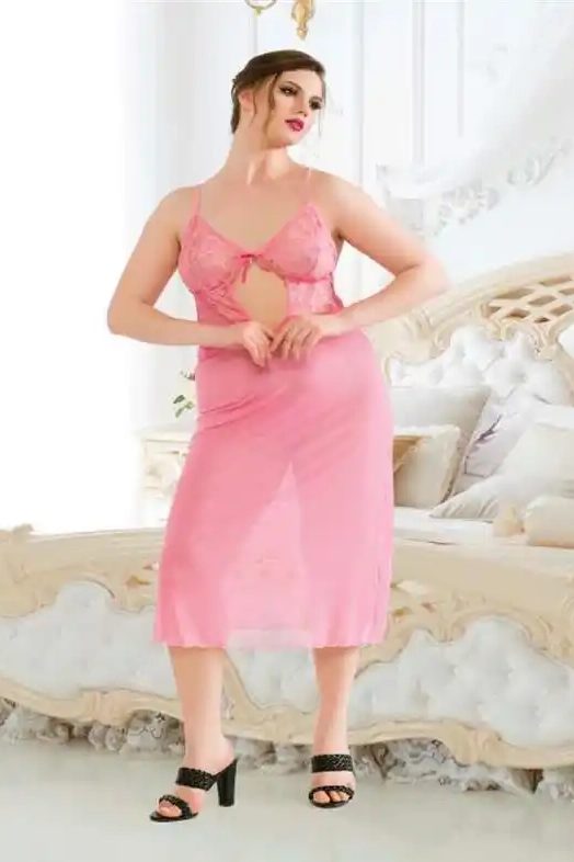 Pembe Tül İnce Askılı Dantelli Fantezi Büyük Beden Kadın Gecelik
