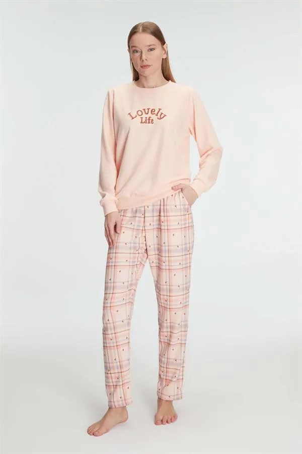 Pudra Pamuklu Uzun Kollu Ekose Desenli Kadın Pijama Takımı
