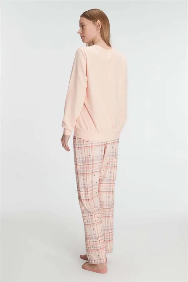 Pudra Pamuklu Uzun Kollu Ekose Desenli Kadın Pijama Takımı