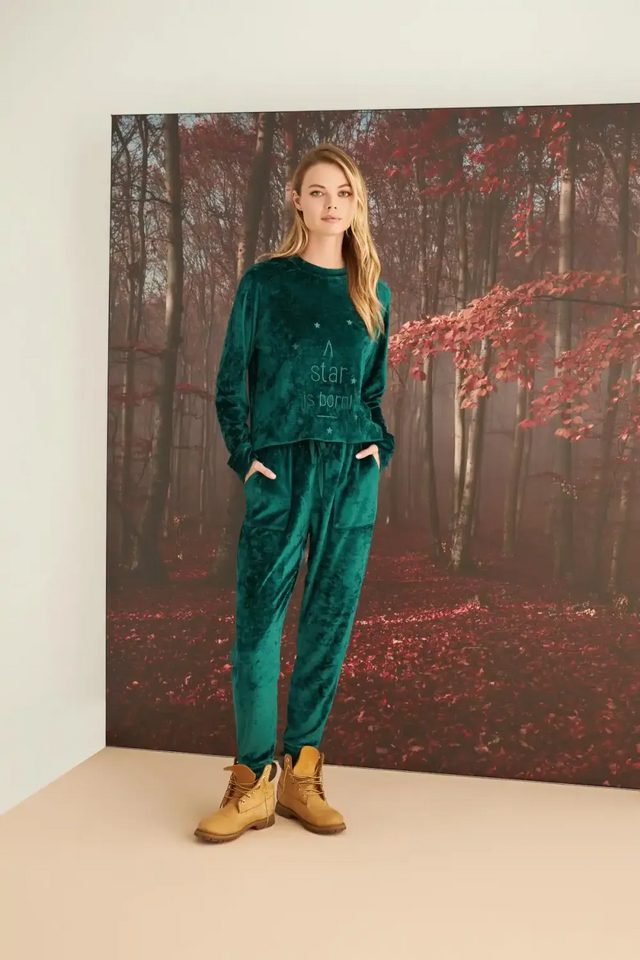 Kadife Yeşil Uzun Kollu Pijama Takımı