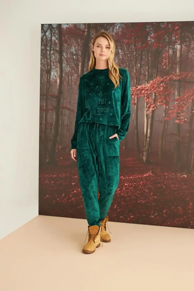 Kadife Yeşil Uzun Kollu Pijama Takımı