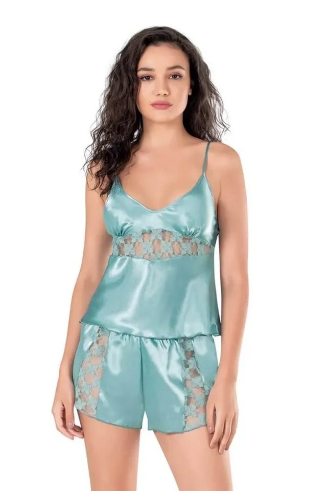 Aqua Saten Dantel Detaylı Kadın İp Askılı Şortlu Pijama Takımı